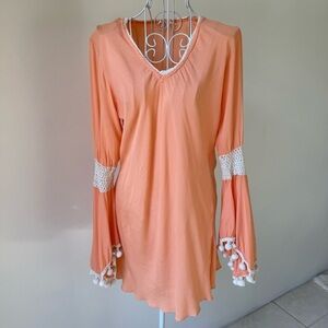 Z&L Peach Boho Tunic Dress Pom Pom Bell Sleeves Crochet Trim Medium